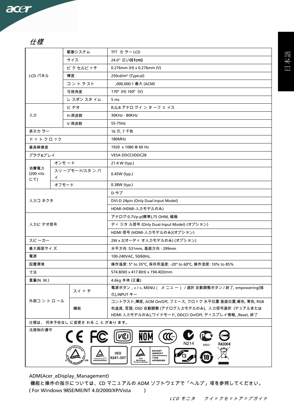 日本 語 | Acer G245HL User Manual | Page 22 / 26