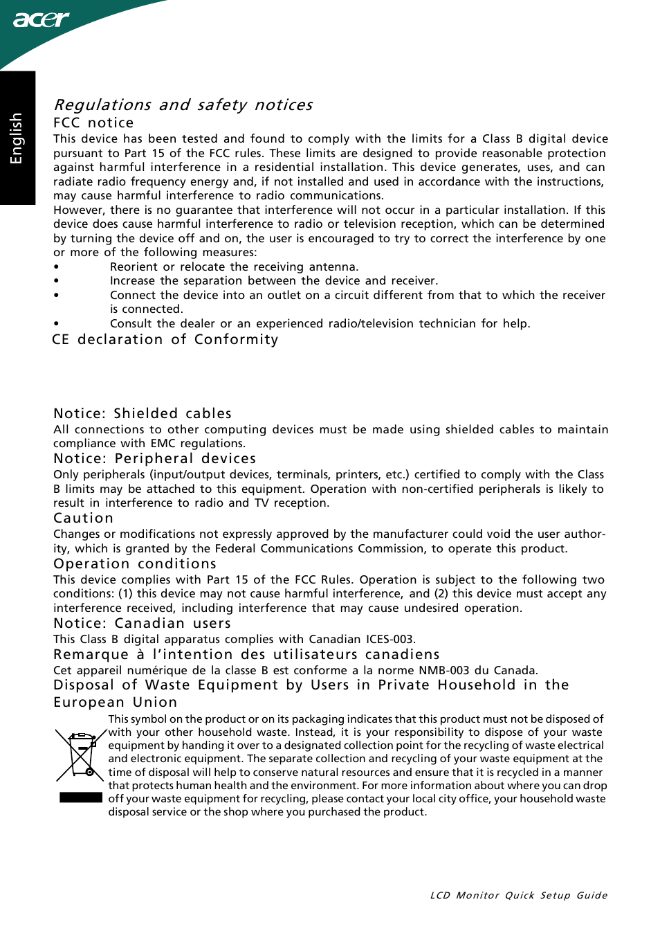 Regulations and safety notices, En gl is h | Acer G245HL User Manual | Page 3 / 26