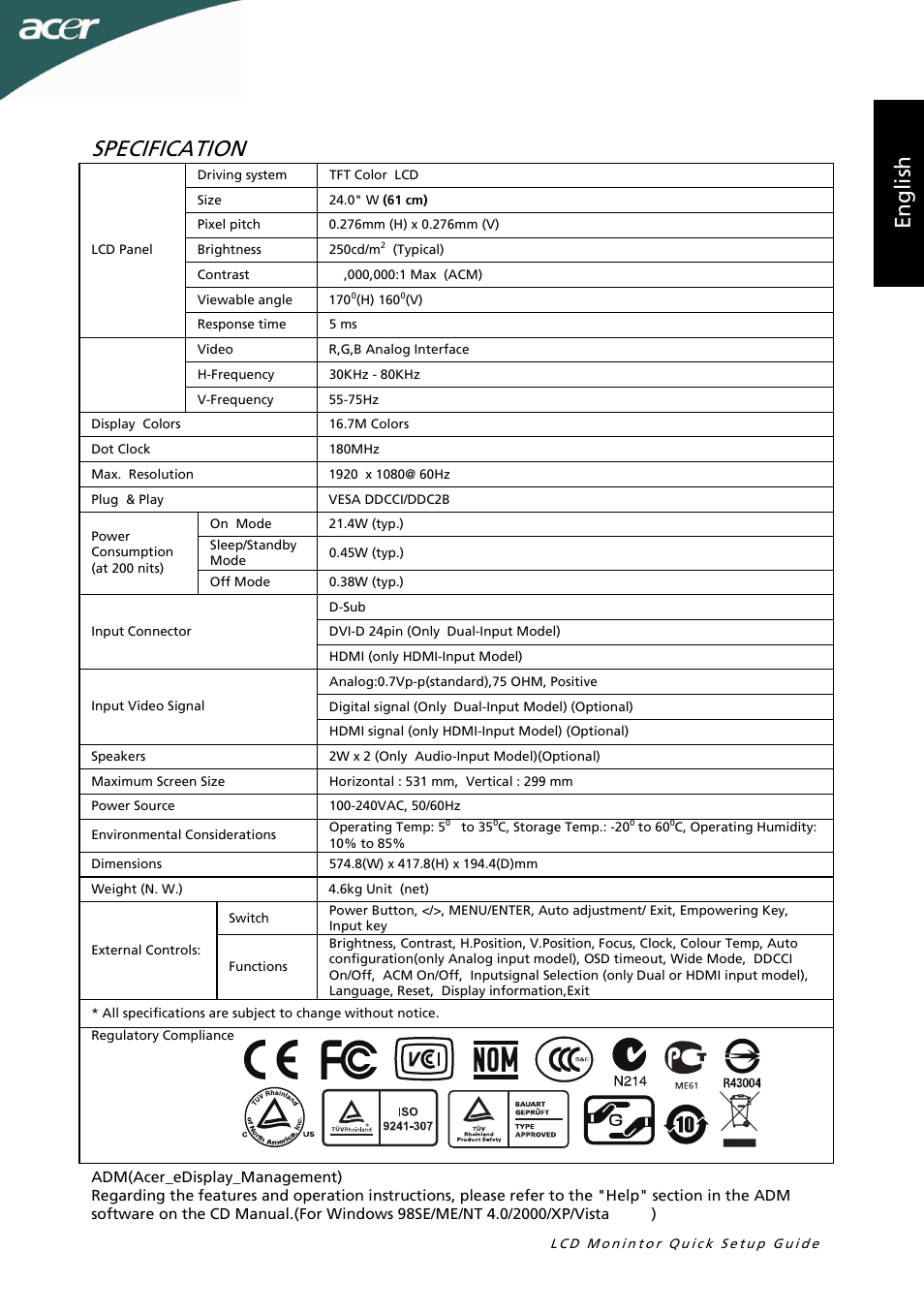 Specification, En g lis h | Acer G245HL User Manual | Page 4 / 26