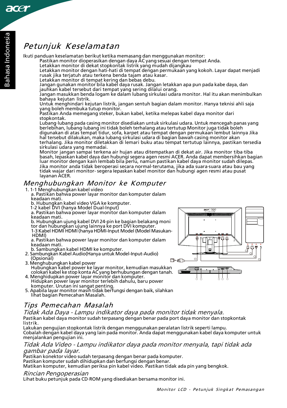 Petunjuk keselamatan, Menghubungkan monitor ke komputer, Tips pemecahan masalah | Ba ha sa in do ne si a, Rincian pengoperasian | Acer G245HL User Manual | Page 5 / 26