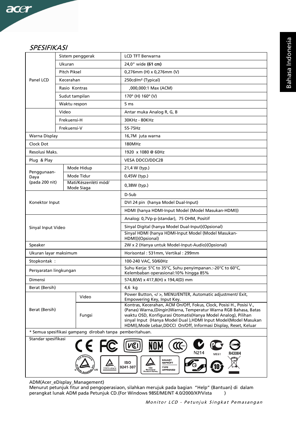 Spesifikasi | Acer G245HL User Manual | Page 6 / 26