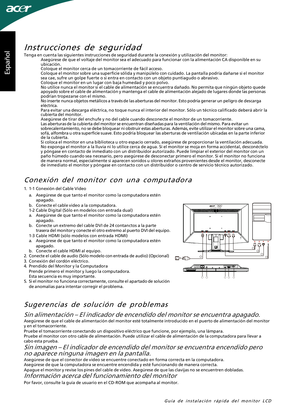 Instrucciones de seguridad, Es pa ño l, Información acerca del funcionamiento del monitor | Acer G245HL User Manual | Page 7 / 26