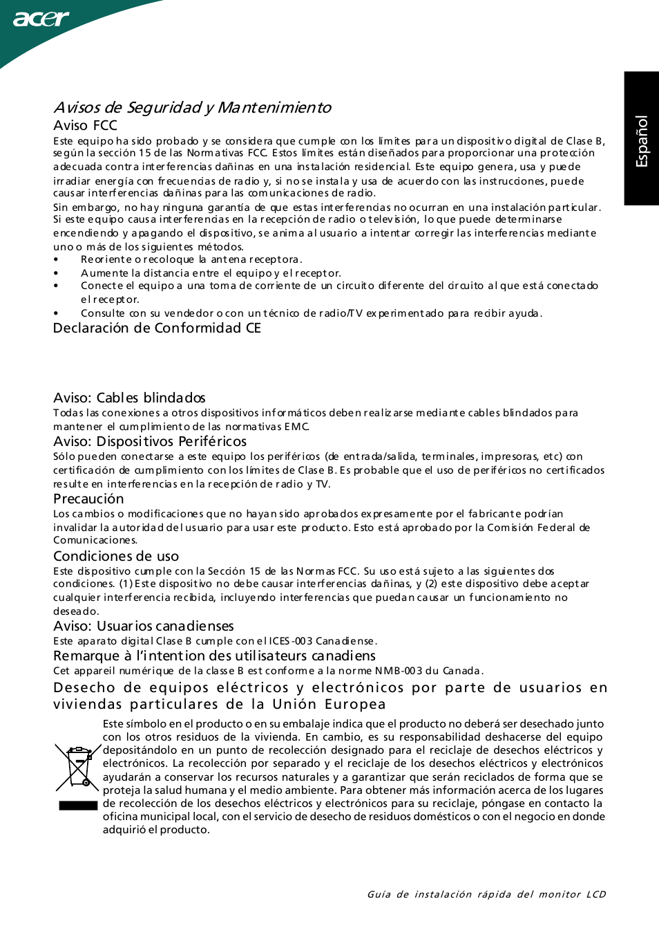 Avisos de seguridad y mantenimiento, Lo ña ps e | Acer G245HL User Manual | Page 8 / 26