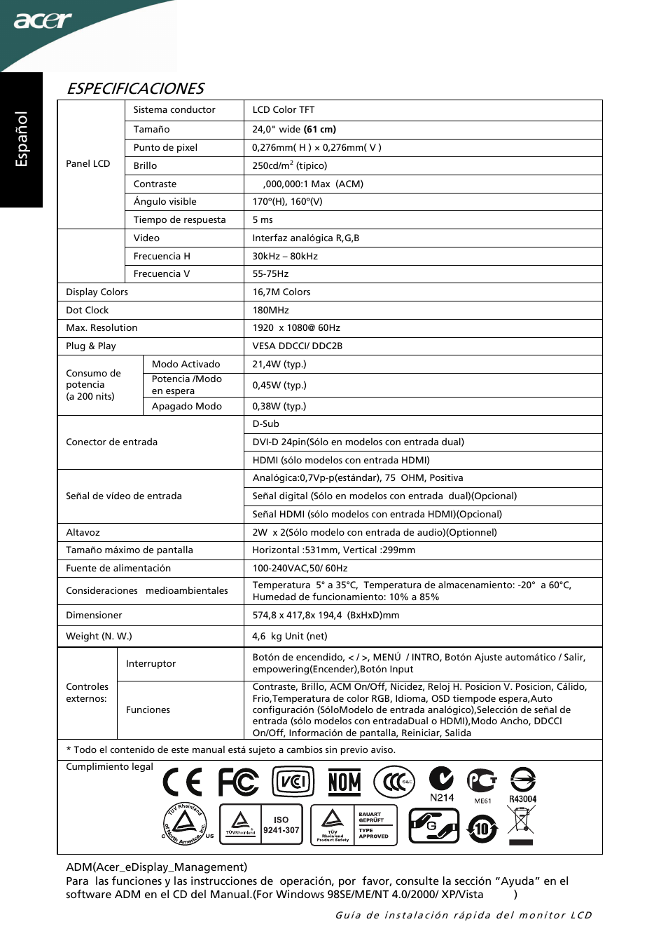 Especificaciones, Es p añ o l | Acer G245HL User Manual | Page 9 / 26