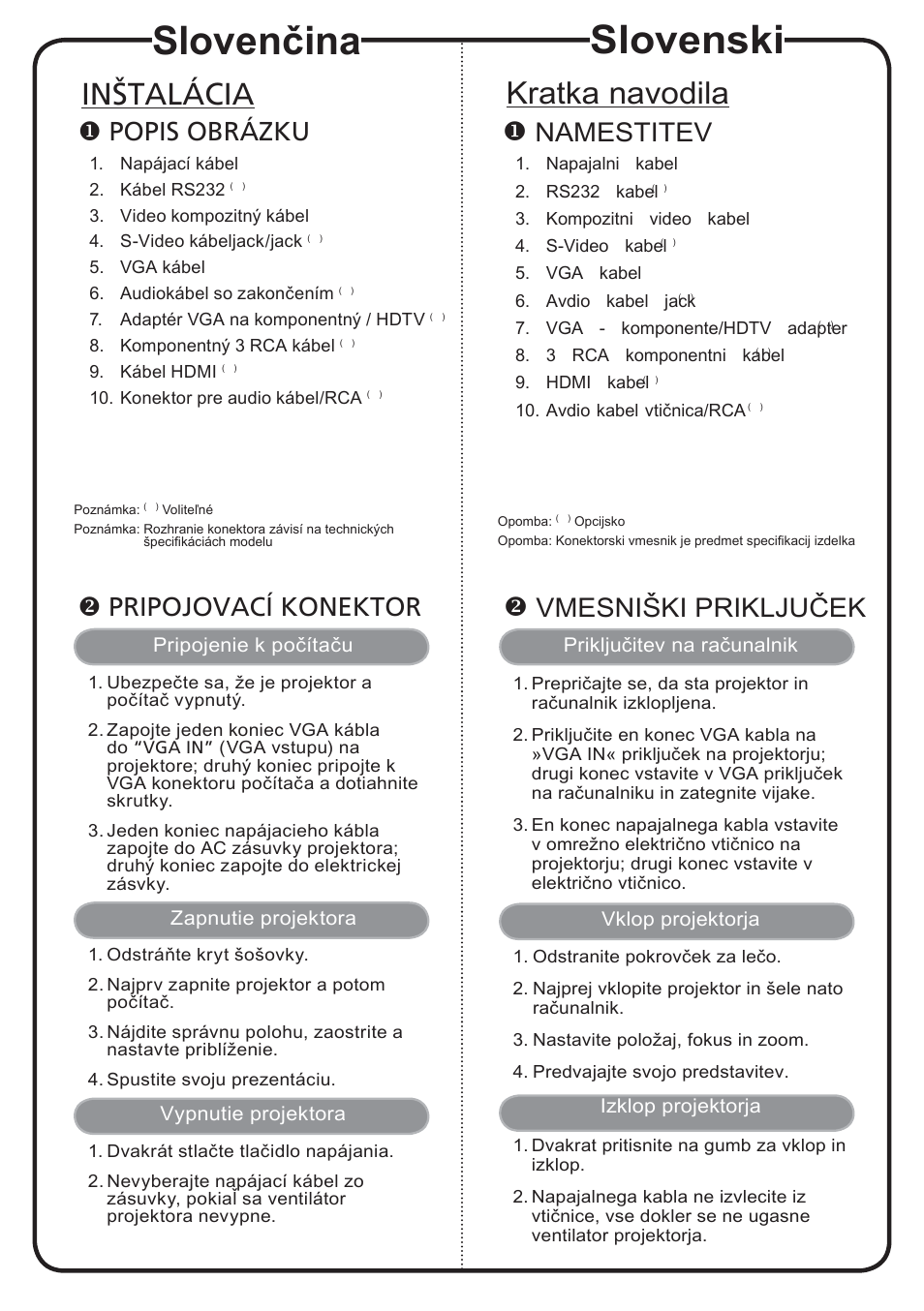 Slovenski, Slovenčina, Kratka navodila | Inštalácia, Namestitev, Vmesniški priključek, Popis obrázku, Pripojovací konektor | Acer K750 User Manual | Page 11 / 18