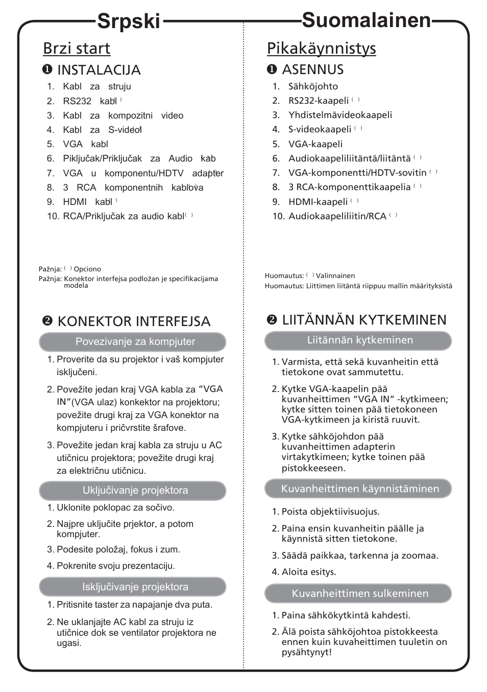 Suomalainen, Srpski, Pikakäynnistys | Brzi start, Asennus, Liitännän kytkeminen, Instalacija, Konektor interfejsa | Acer K750 User Manual | Page 12 / 18