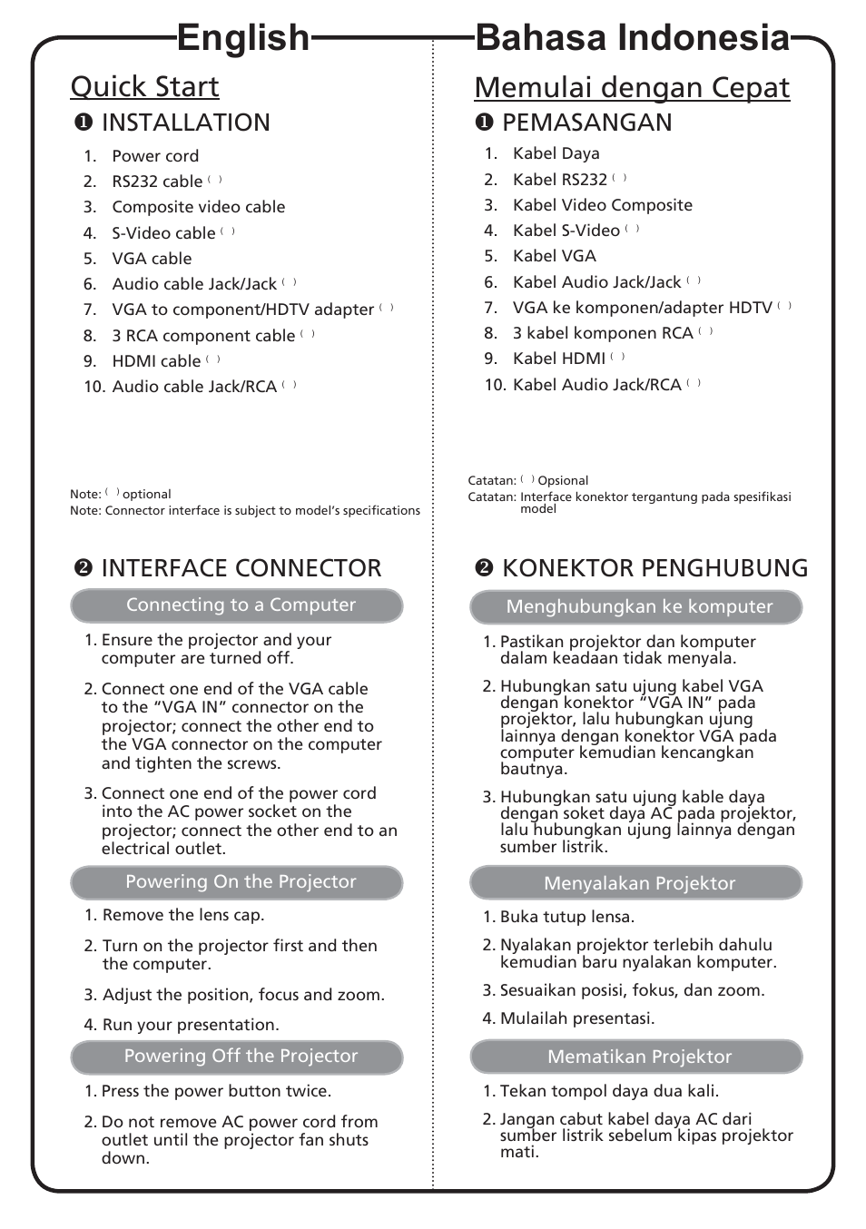English, Bahasa indonesia, Quick start | Memulai dengan cepat, Installation, Interface connector, Pemasangan, Konektor penghubung | Acer K750 User Manual | Page 2 / 18