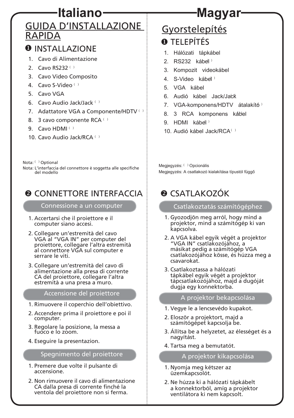 Magyar, Italiano, Gyorstelepítés | Guida d’installazione rapida, Telepítés, Csatlakozók, Installazione, Connettore interfaccia | Acer K750 User Manual | Page 7 / 18