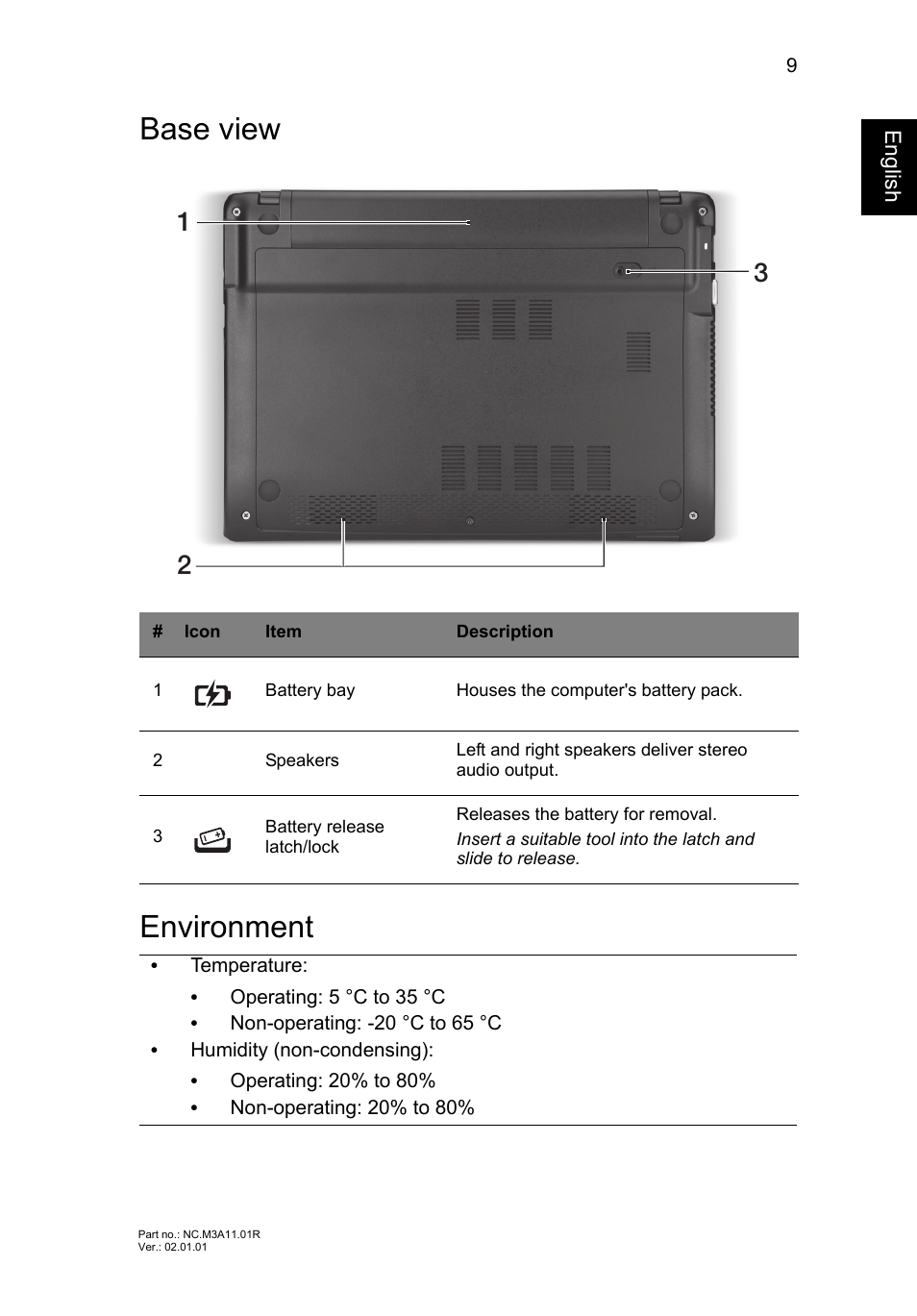 Base view, Environment, Base view environment | Acer Aspire V5-171 User Manual | Page 11 / 306