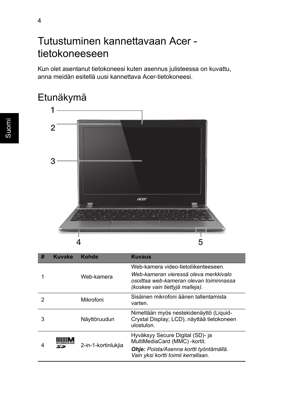 Tutustuminen kannettavaan acer - tietokoneeseen, Etunäkymä | Acer Aspire V5-171 User Manual | Page 110 / 306