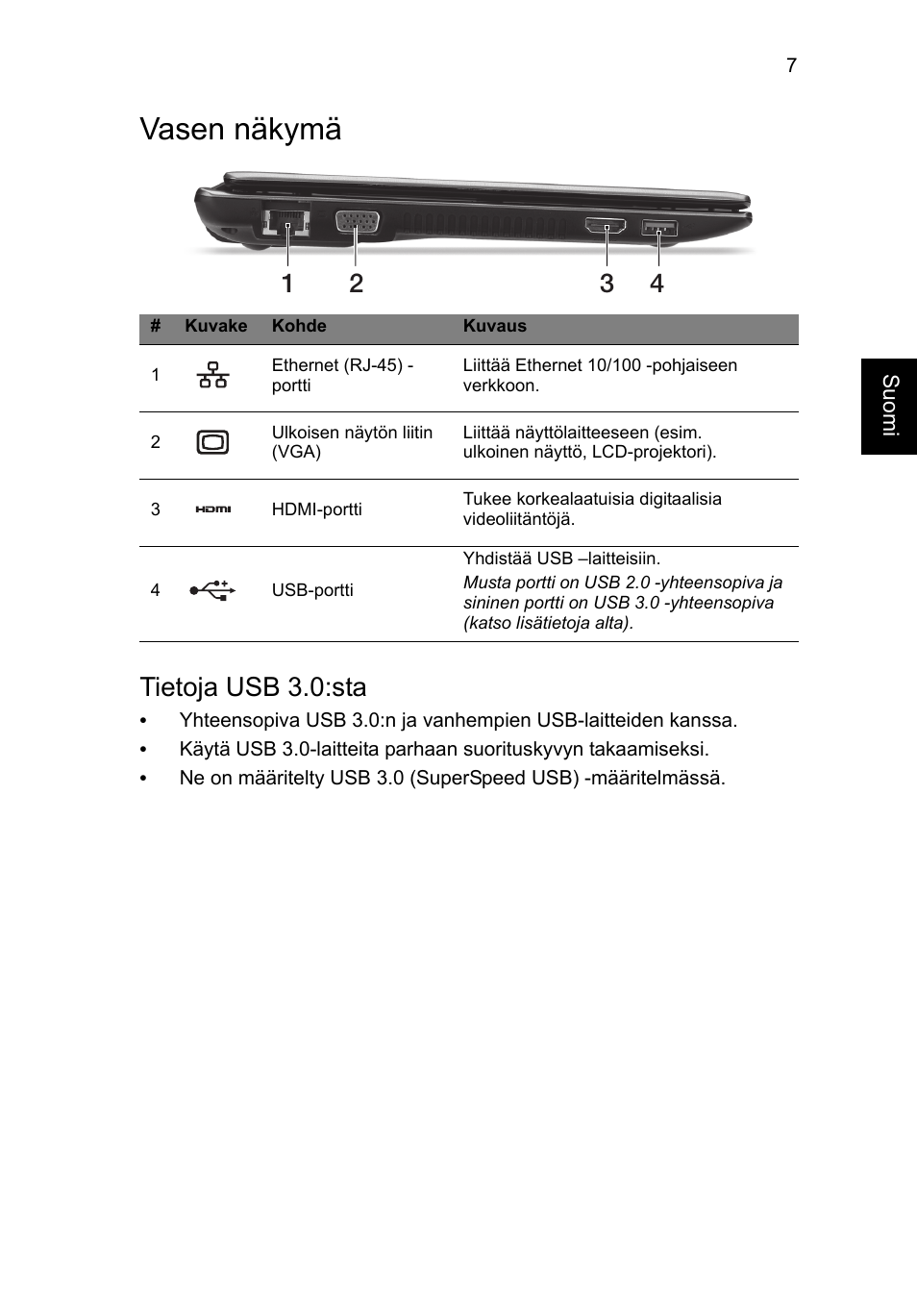 Vasen näkymä, Tietoja usb 3.0:sta | Acer Aspire V5-171 User Manual | Page 113 / 306