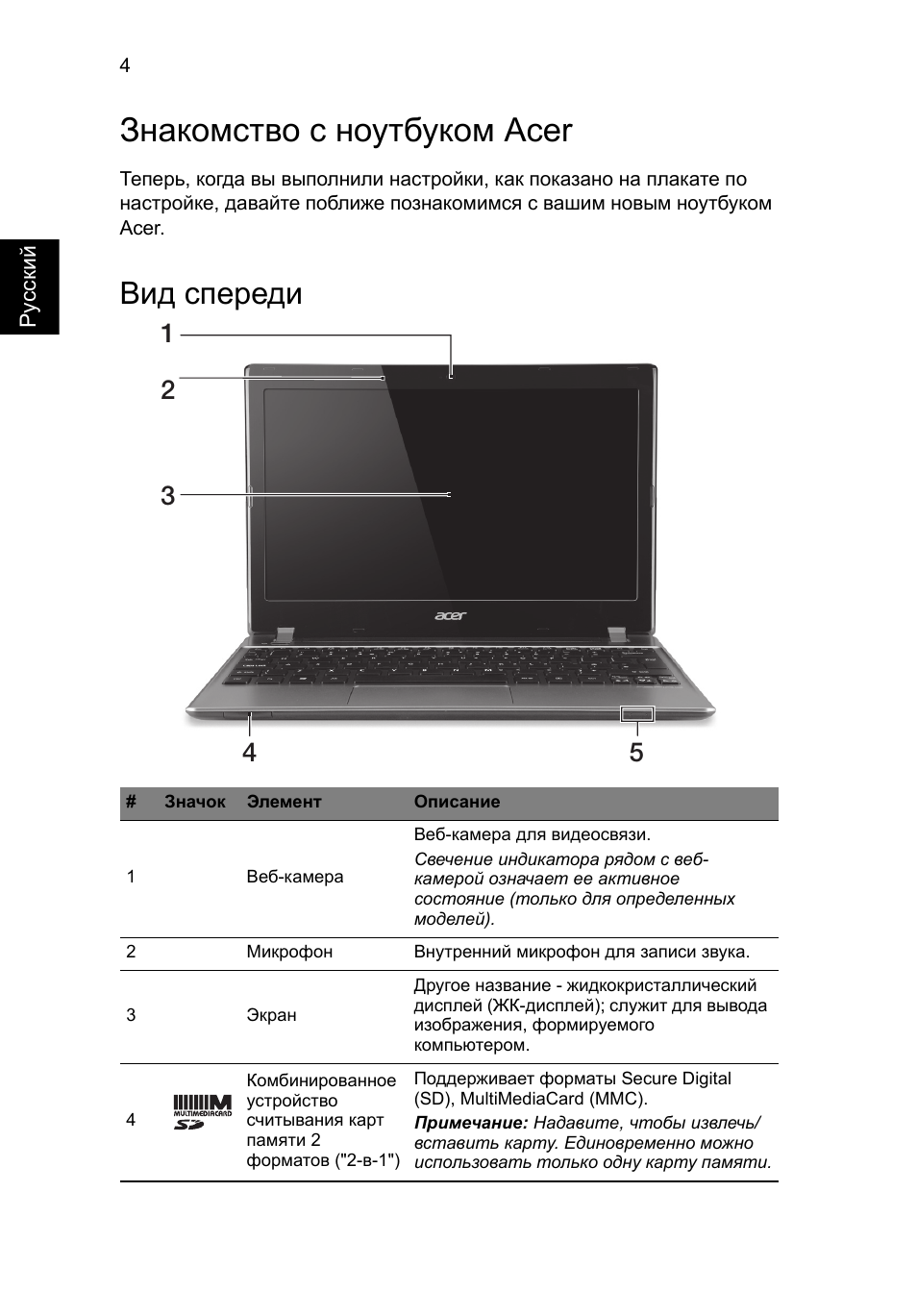 Знакомство с ноутбуком acer, Вид спереди | Acer Aspire V5-171 User Manual | Page 120 / 306