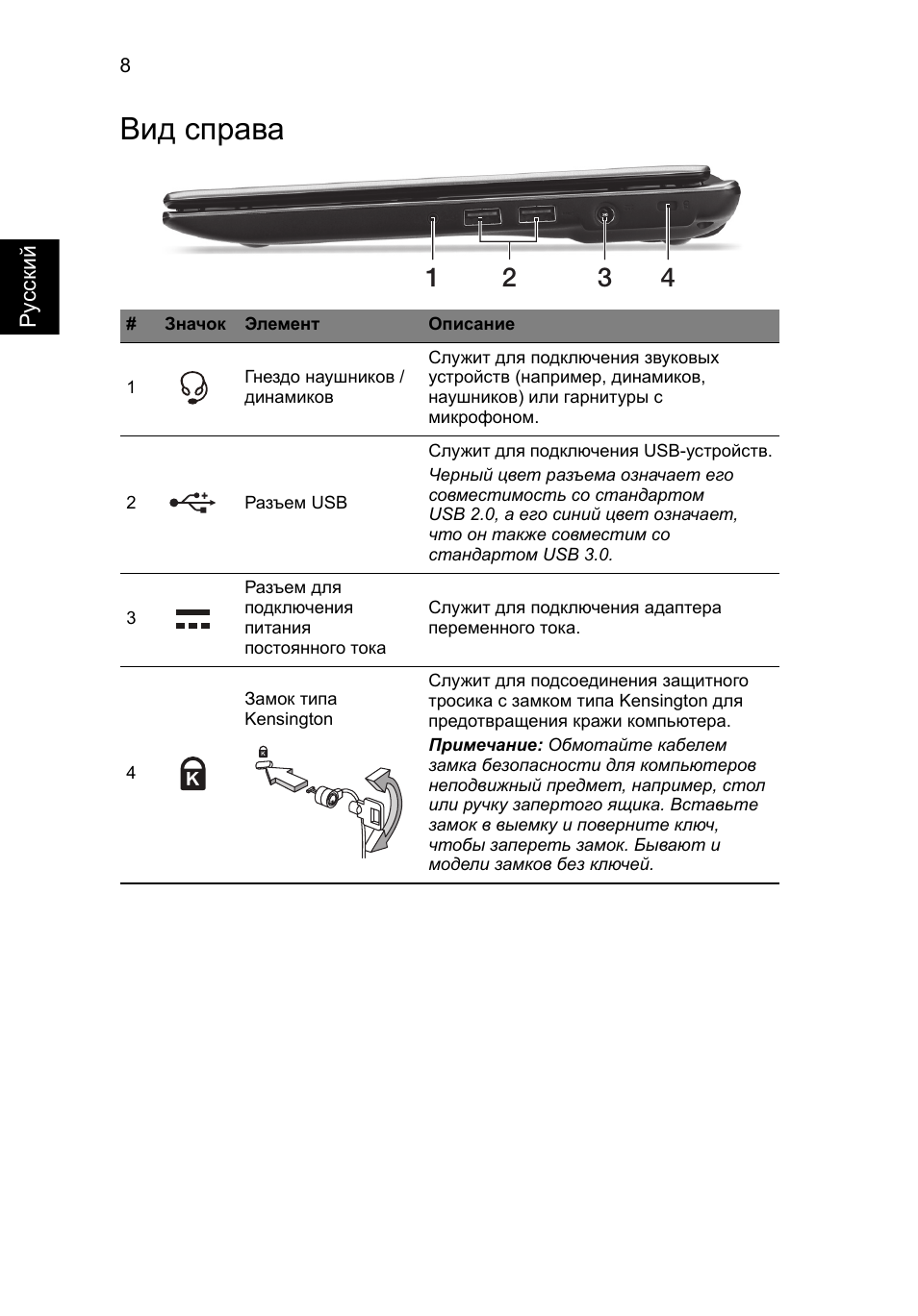 Вид справа | Acer Aspire V5-171 User Manual | Page 124 / 306