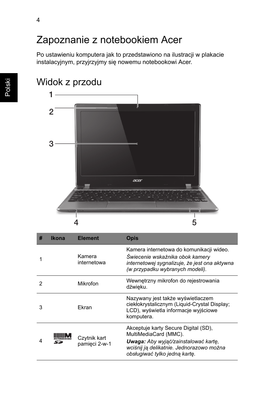 Zapoznanie z notebookiem acer, Widok z przodu | Acer Aspire V5-171 User Manual | Page 130 / 306