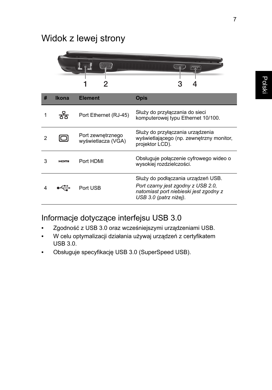 Widok z lewej strony, Informacje dotyczące interfejsu usb 3.0 | Acer Aspire V5-171 User Manual | Page 133 / 306