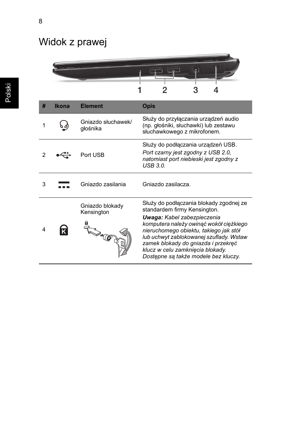 Widok z prawej | Acer Aspire V5-171 User Manual | Page 134 / 306
