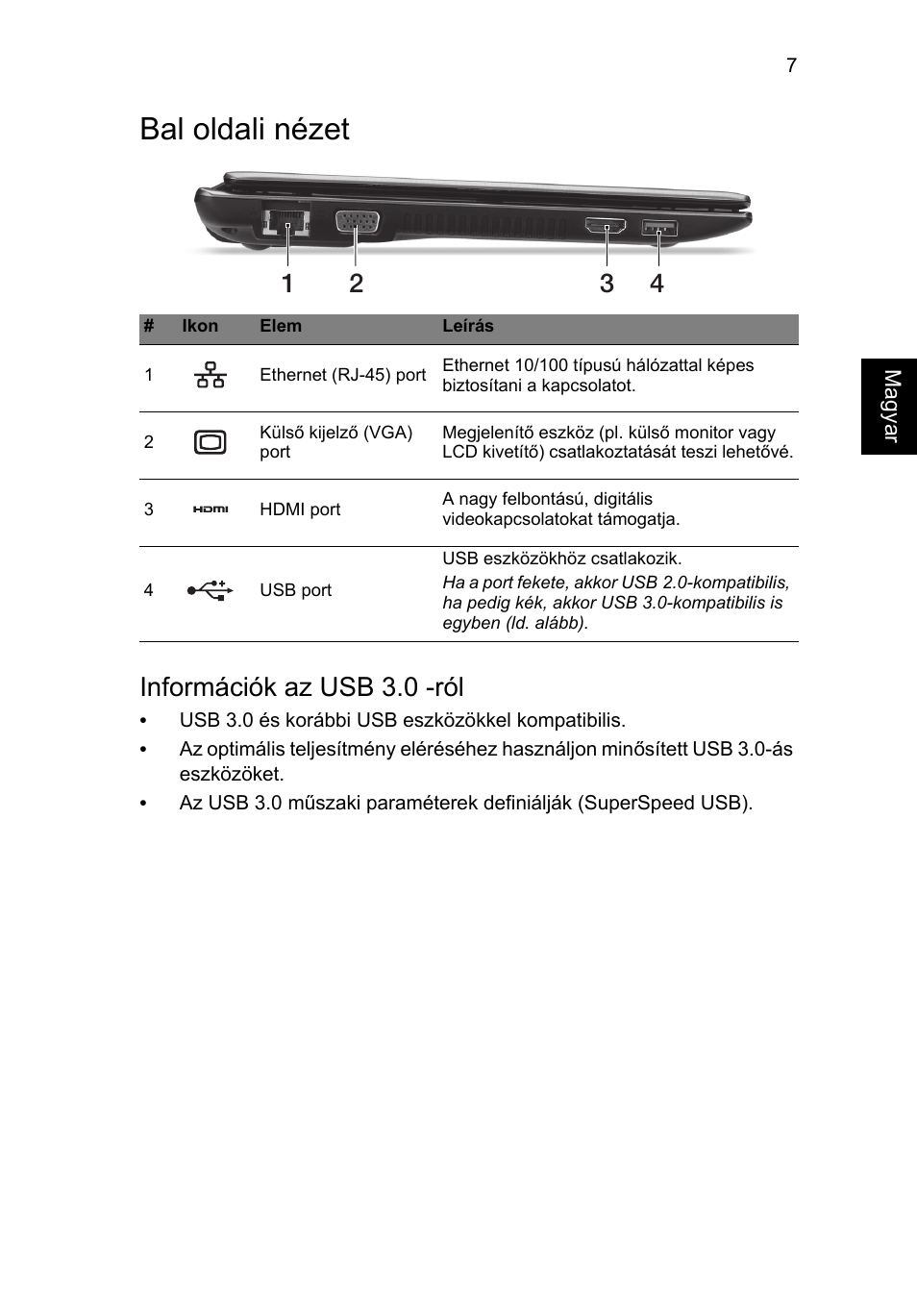 Bal oldali nézet, Információk az usb 3.0 -ról | Acer Aspire V5-171 User Manual | Page 143 / 306