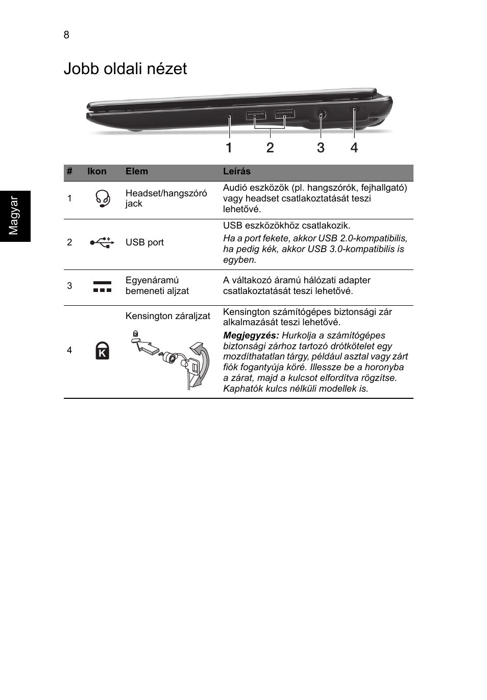 Jobb oldali nézet | Acer Aspire V5-171 User Manual | Page 144 / 306