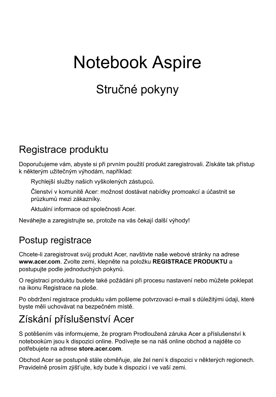 Čeština, Registrace produktu, Postup registrace | Získání příslušenství acer, Stručné pokyny | Acer Aspire V5-171 User Manual | Page 147 / 306