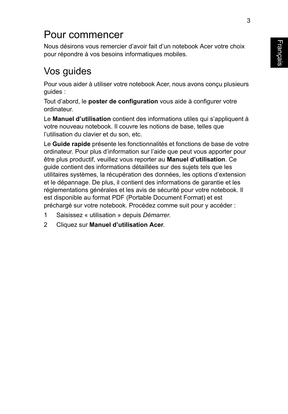 Pour commencer, Vos guides, Français | Acer Aspire V5-171 User Manual | Page 15 / 306