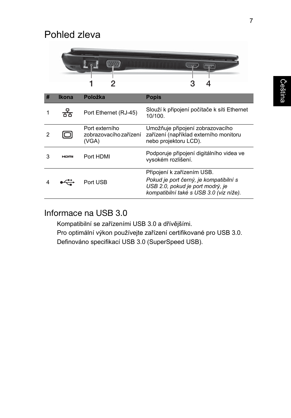 Pohled zleva, Informace na usb 3.0 | Acer Aspire V5-171 User Manual | Page 153 / 306