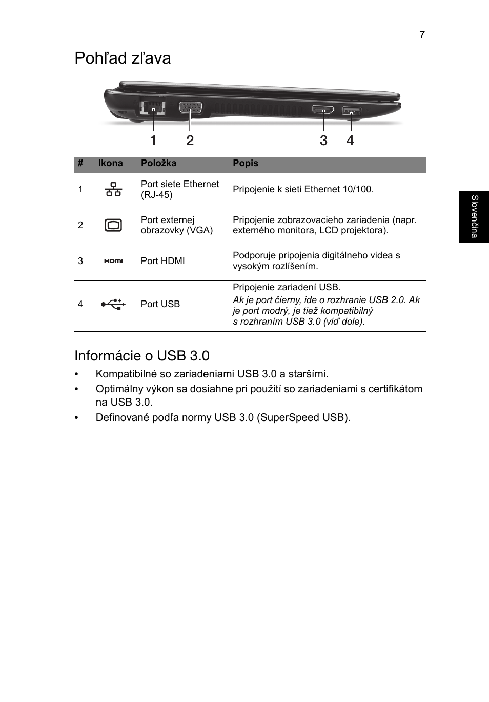Pohľad zľava, Informácie o usb 3.0 | Acer Aspire V5-171 User Manual | Page 163 / 306