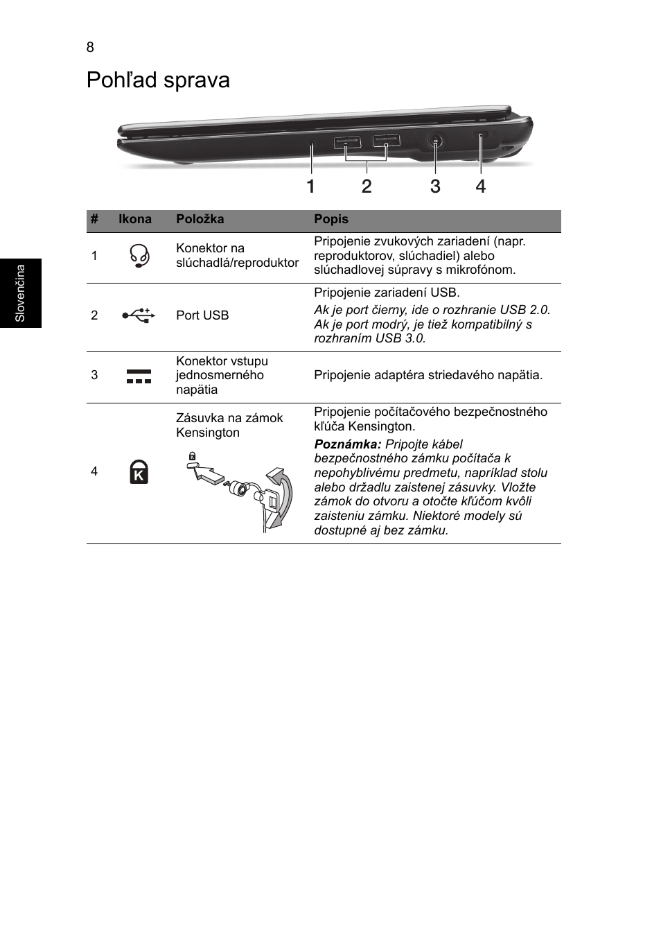 Pohľad sprava | Acer Aspire V5-171 User Manual | Page 164 / 306