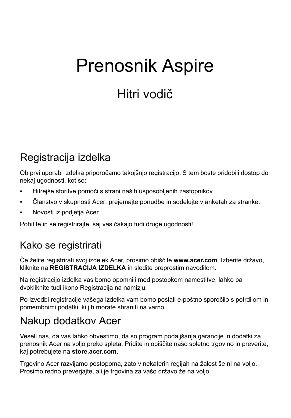 Slovenski, Registracija izdelka, Kako se registrirati | Nakup dodatkov acer, Prenosnik aspire, Hitri vodič | Acer Aspire V5-171 User Manual | Page 167 / 306