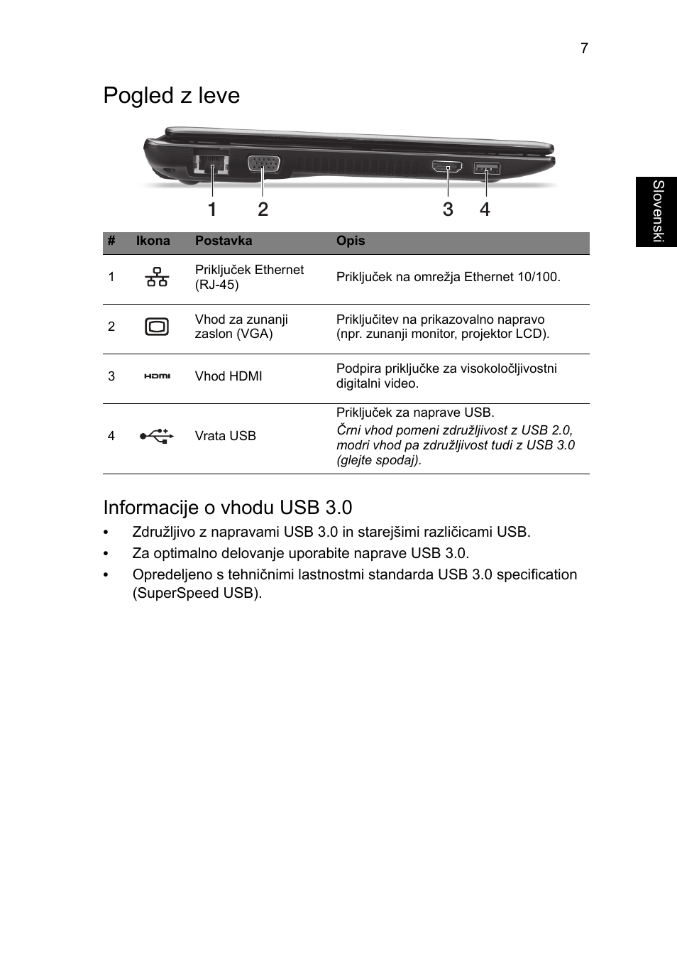 Pogled z leve, Informacije o vhodu usb 3.0 | Acer Aspire V5-171 User Manual | Page 173 / 306