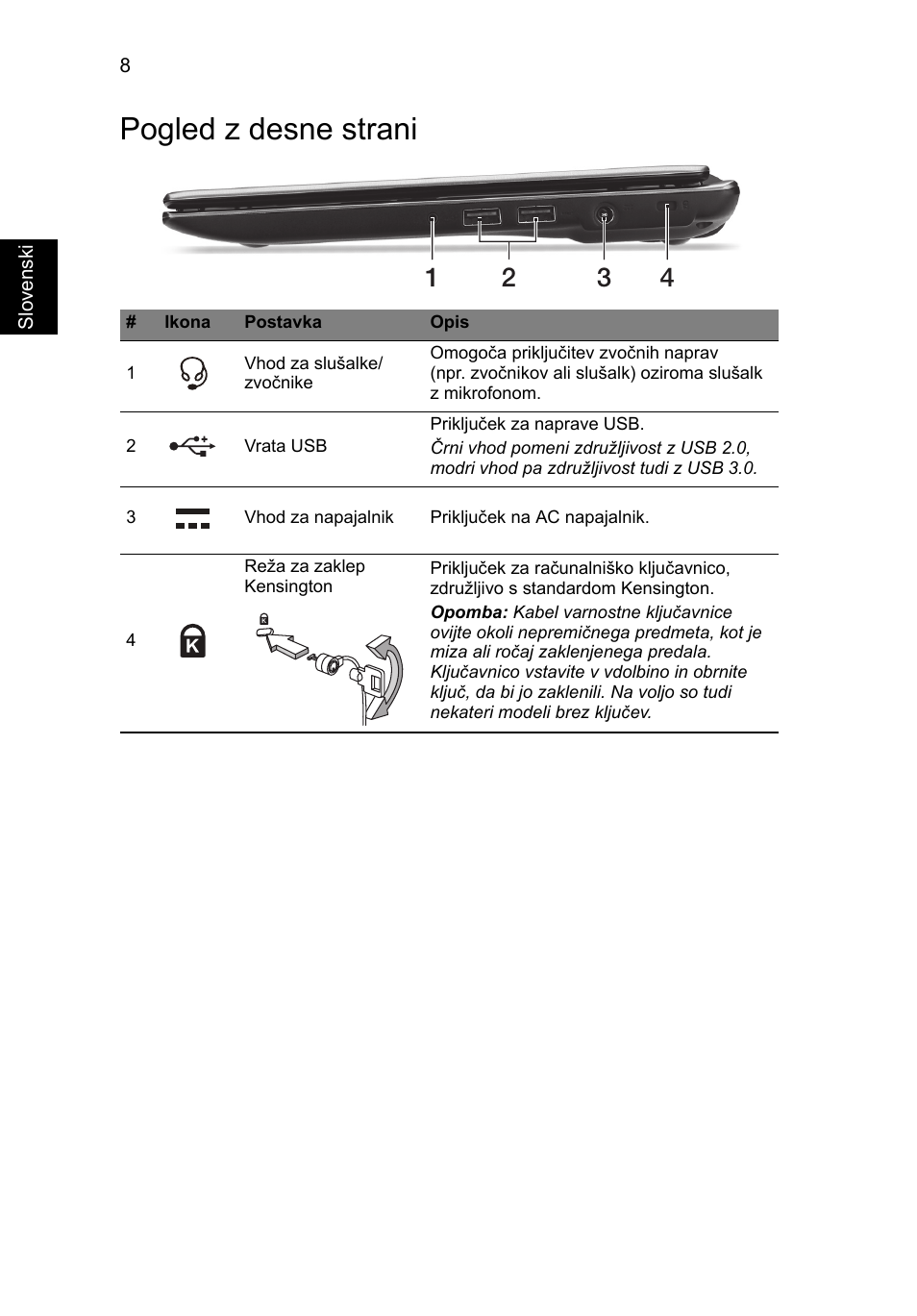 Pogled z desne strani | Acer Aspire V5-171 User Manual | Page 174 / 306