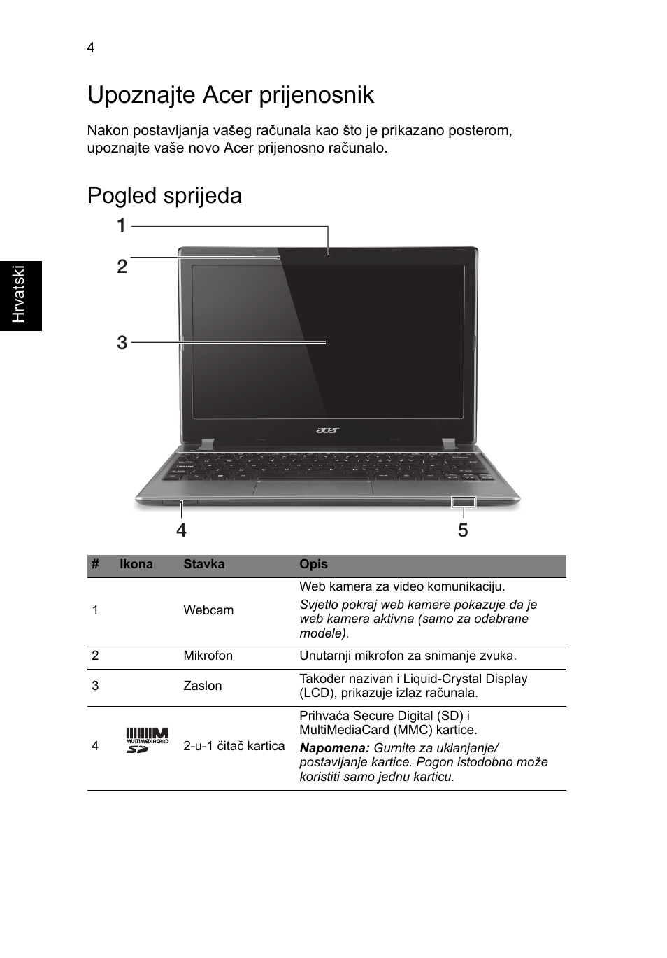 Upoznajte acer prijenosnik, Pogled sprijeda | Acer Aspire V5-171 User Manual | Page 180 / 306