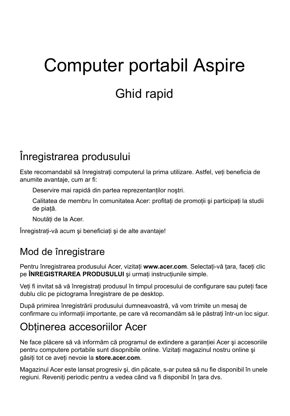 Română, Înregistrarea produsului, Mod de înregistrare | Obţinerea accesoriilor acer, Computer portabil aspire, Ghid rapid | Acer Aspire V5-171 User Manual | Page 187 / 306