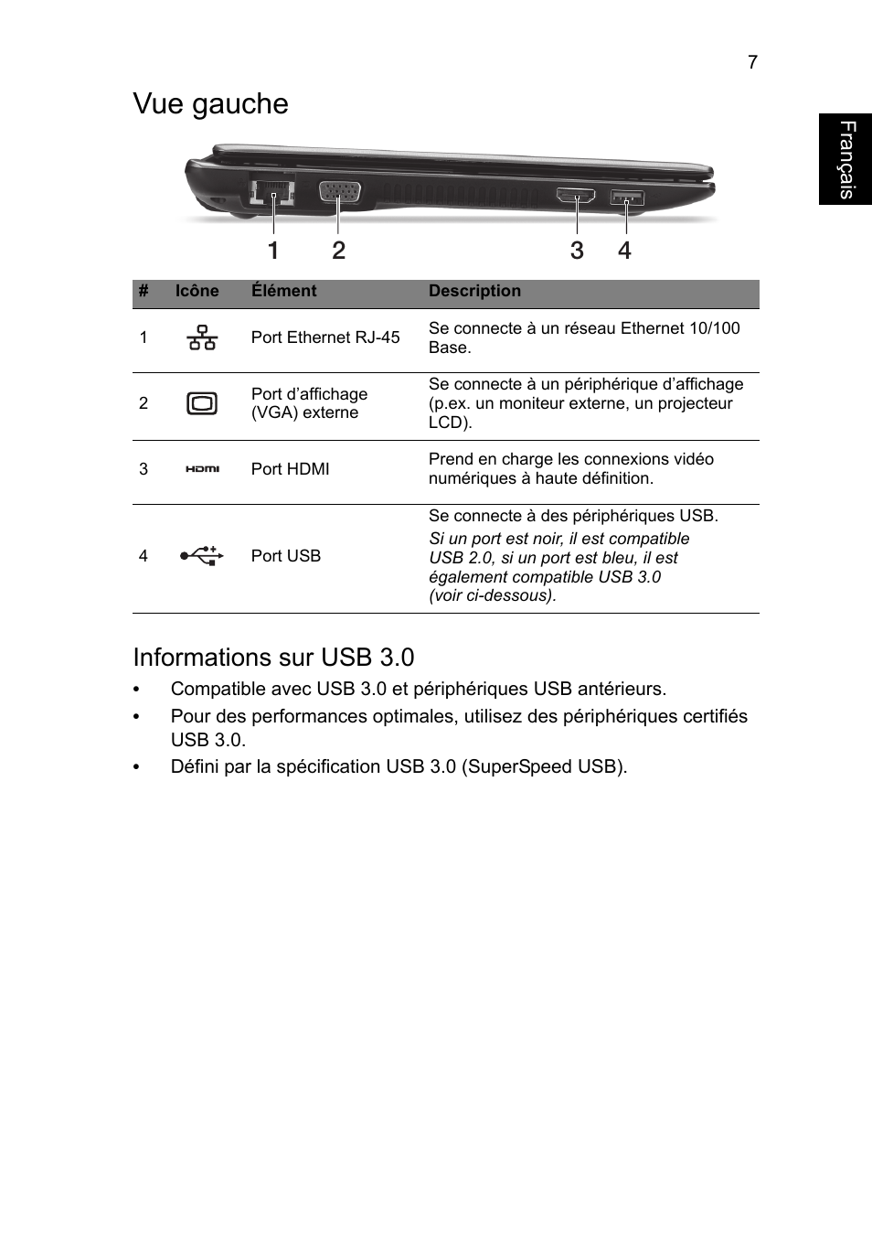 Vue gauche, Français, Informations sur usb 3.0 | Acer Aspire V5-171 User Manual | Page 19 / 306