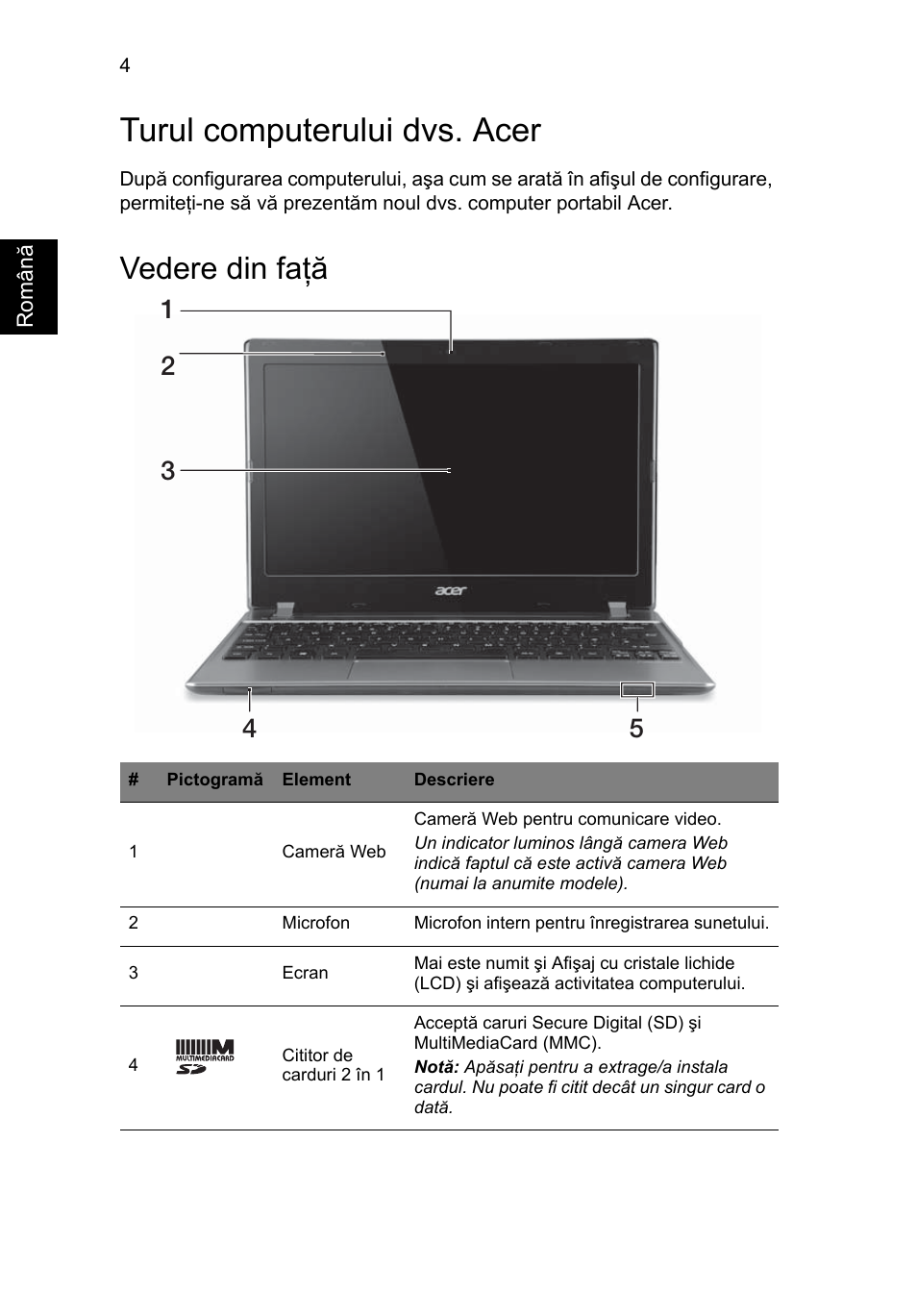 Turul computerului dvs. acer, Vedere din faţă | Acer Aspire V5-171 User Manual | Page 190 / 306