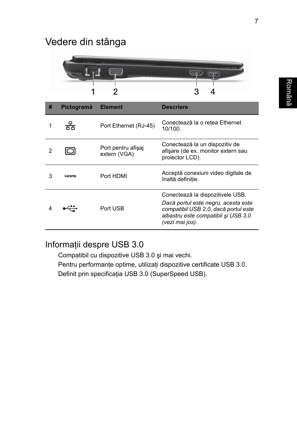 Vedere din stânga, Informaţii despre usb 3.0 | Acer Aspire V5-171 User Manual | Page 193 / 306
