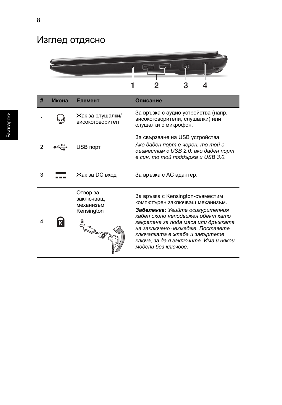 Изглед отдясно | Acer Aspire V5-171 User Manual | Page 204 / 306