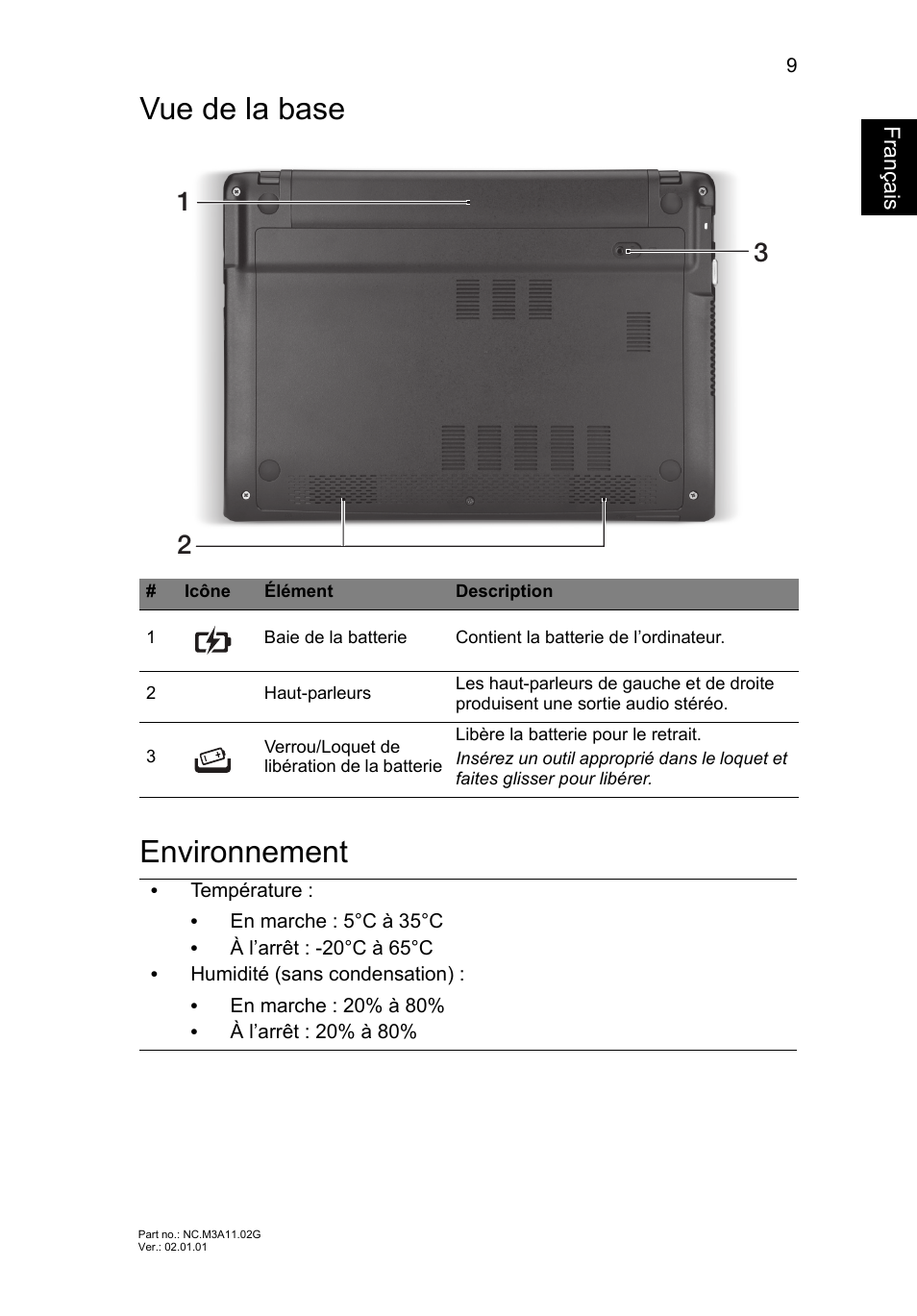 Vue de la base, Environnement, Vue de la base environnement | Français | Acer Aspire V5-171 User Manual | Page 21 / 306