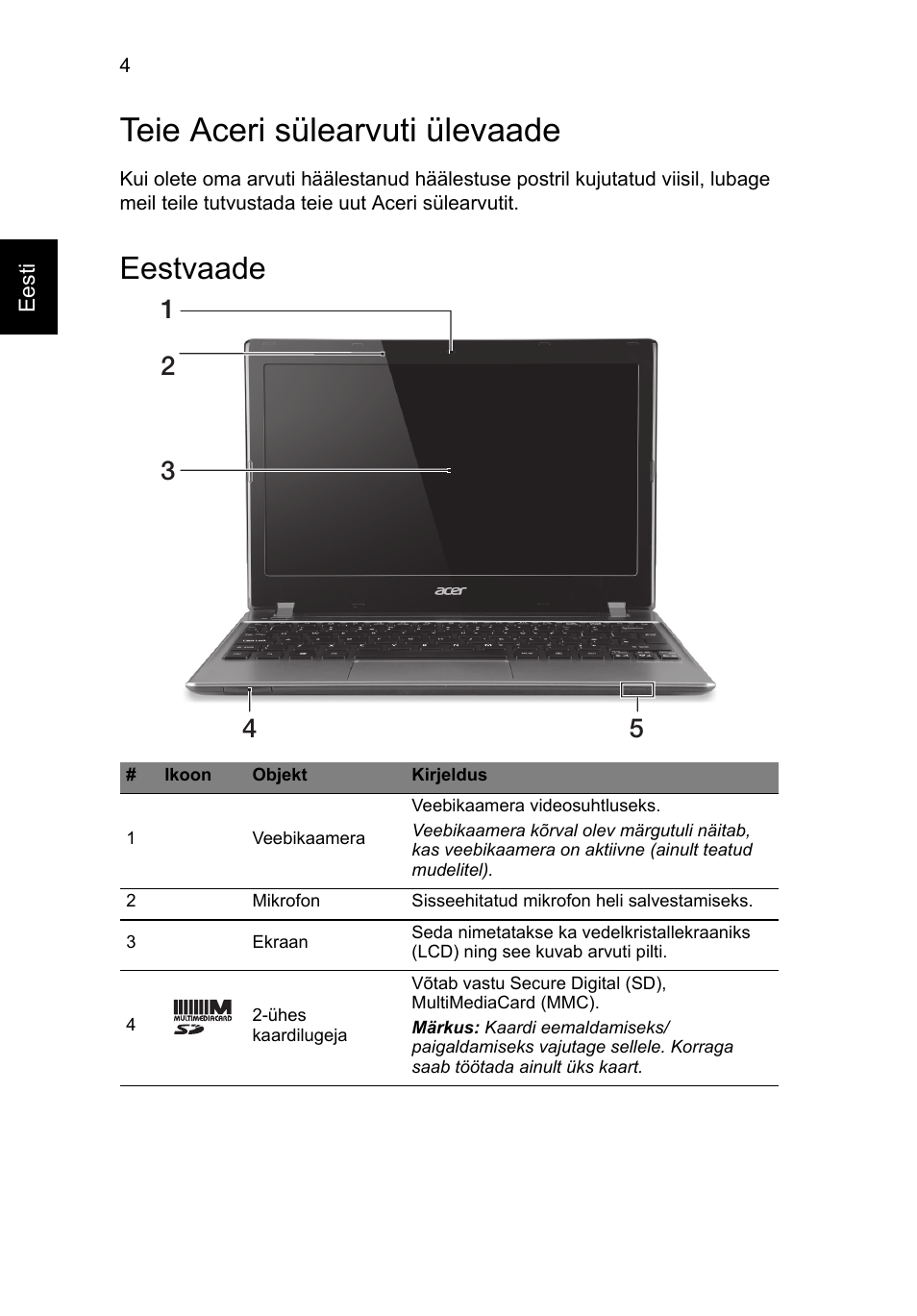 Teie aceri sülearvuti ülevaade, Eestvaade | Acer Aspire V5-171 User Manual | Page 210 / 306