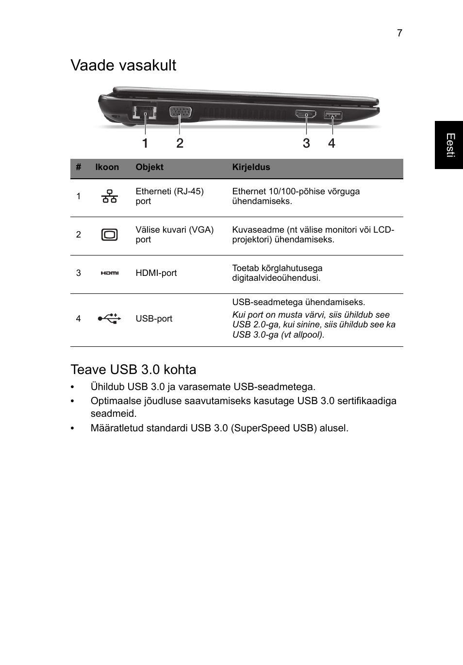 Vaade vasakult, Teave usb 3.0 kohta | Acer Aspire V5-171 User Manual | Page 213 / 306