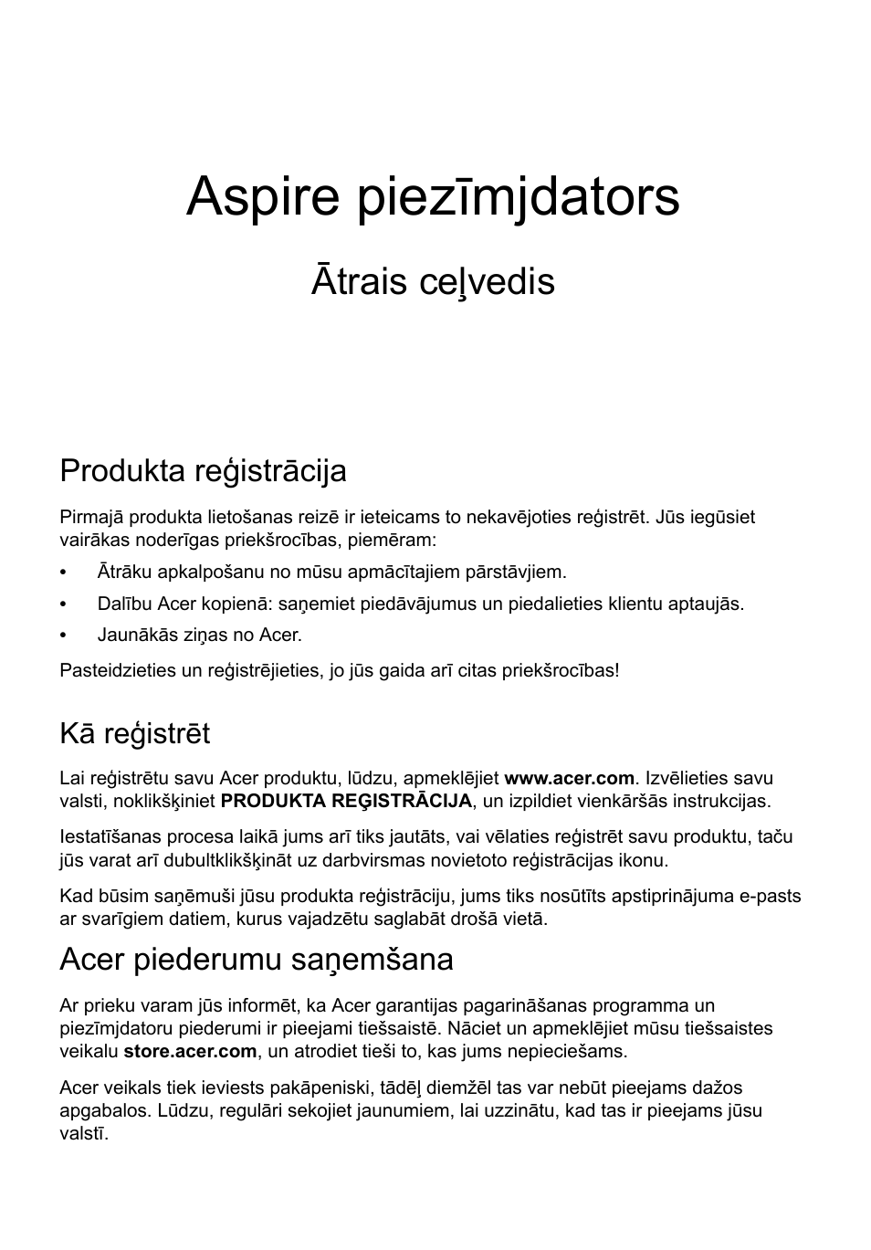 Latviski, Produkta reģistrācija, Kā reģistrēt | Acer piederumu saņemšana, Aspire piezīmjdators, Ātrais ceļvedis | Acer Aspire V5-171 User Manual | Page 217 / 306