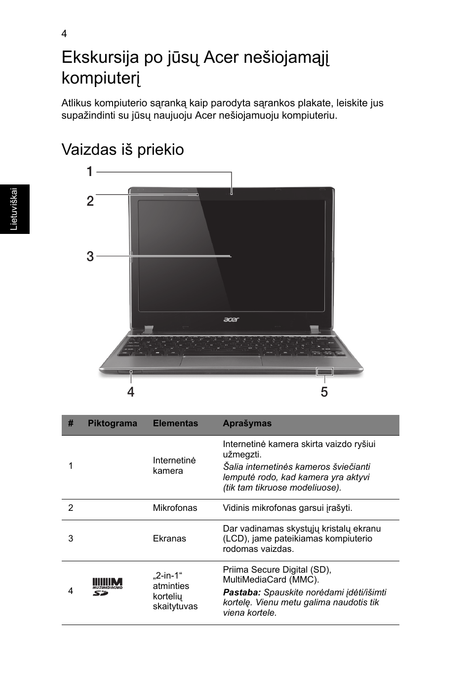 Ekskursija po jūsų acer nešiojamąjį kompiuterį, Vaizdas iš priekio | Acer Aspire V5-171 User Manual | Page 230 / 306