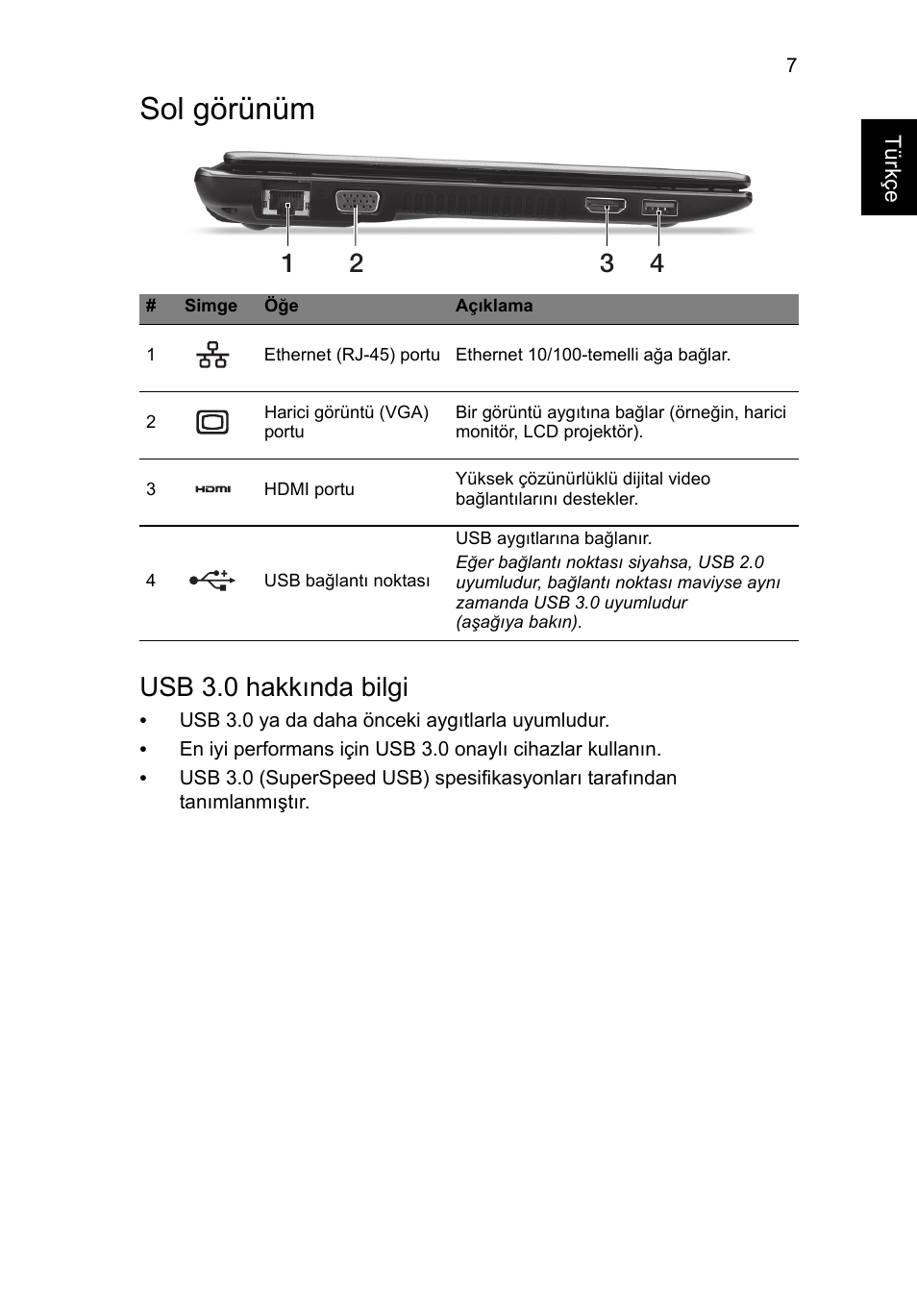 Sol görünüm, Usb 3.0 hakkında bilgi | Acer Aspire V5-171 User Manual | Page 253 / 306