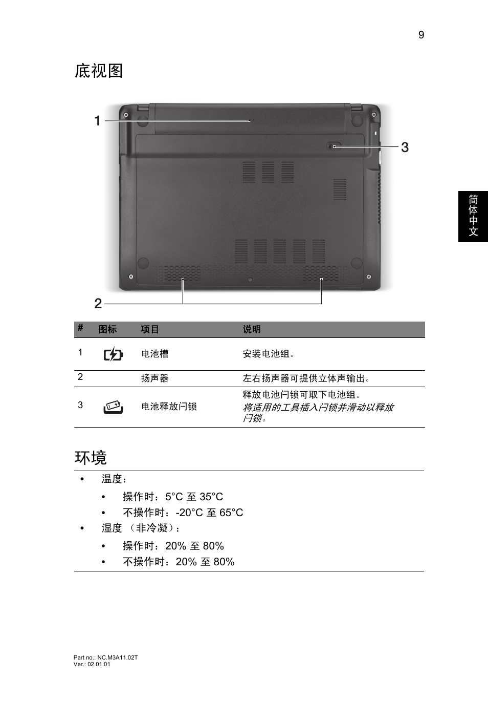 底视图 环境 | Acer Aspire V5-171 User Manual | Page 285 / 306