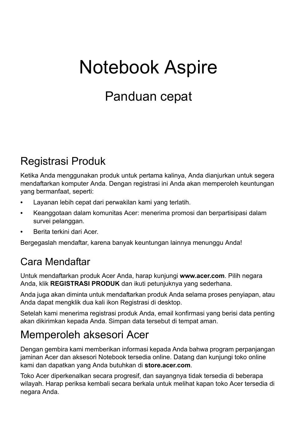 Bahasa indonesia, Registrasi produk, Cara mendaftar | Memperoleh aksesori acer, Panduan cepat | Acer Aspire V5-171 User Manual | Page 287 / 306