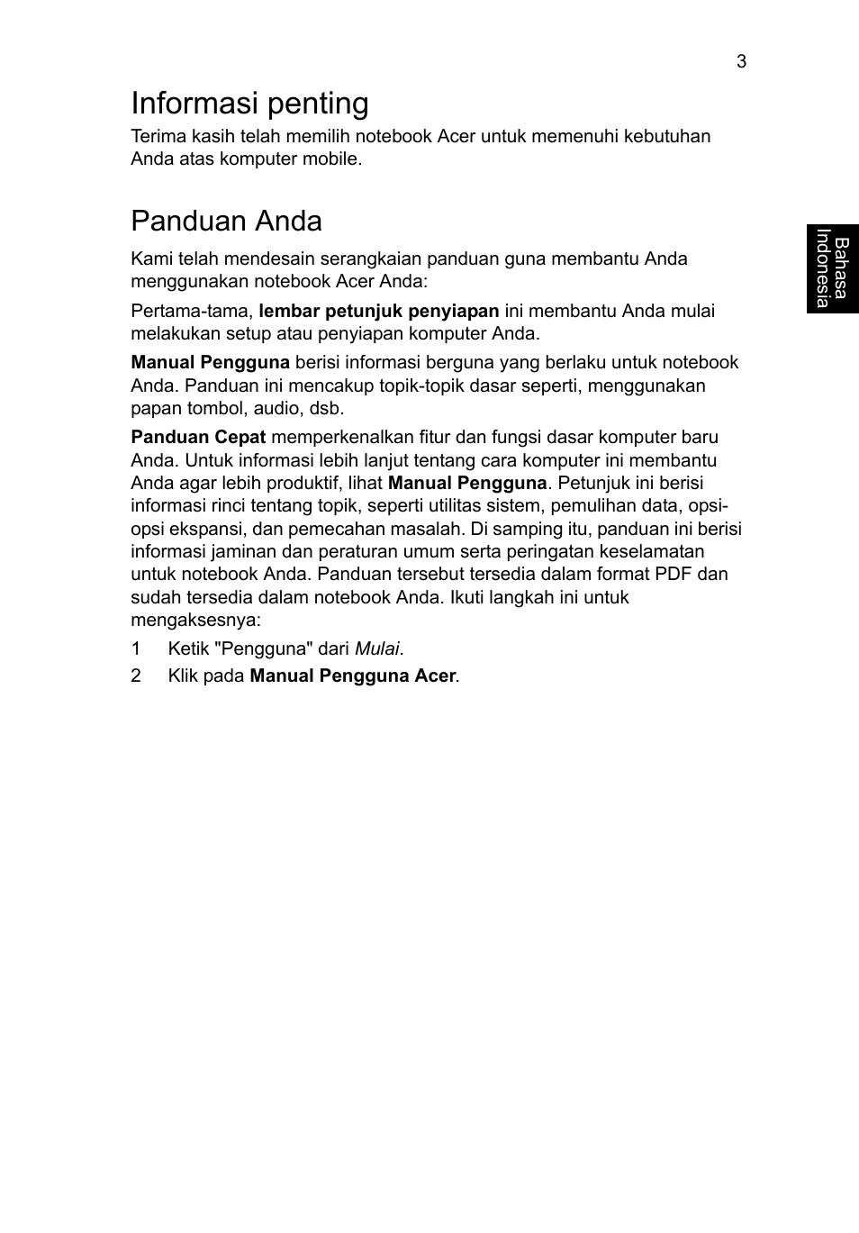 Informasi penting, Panduan anda | Acer Aspire V5-171 User Manual | Page 289 / 306