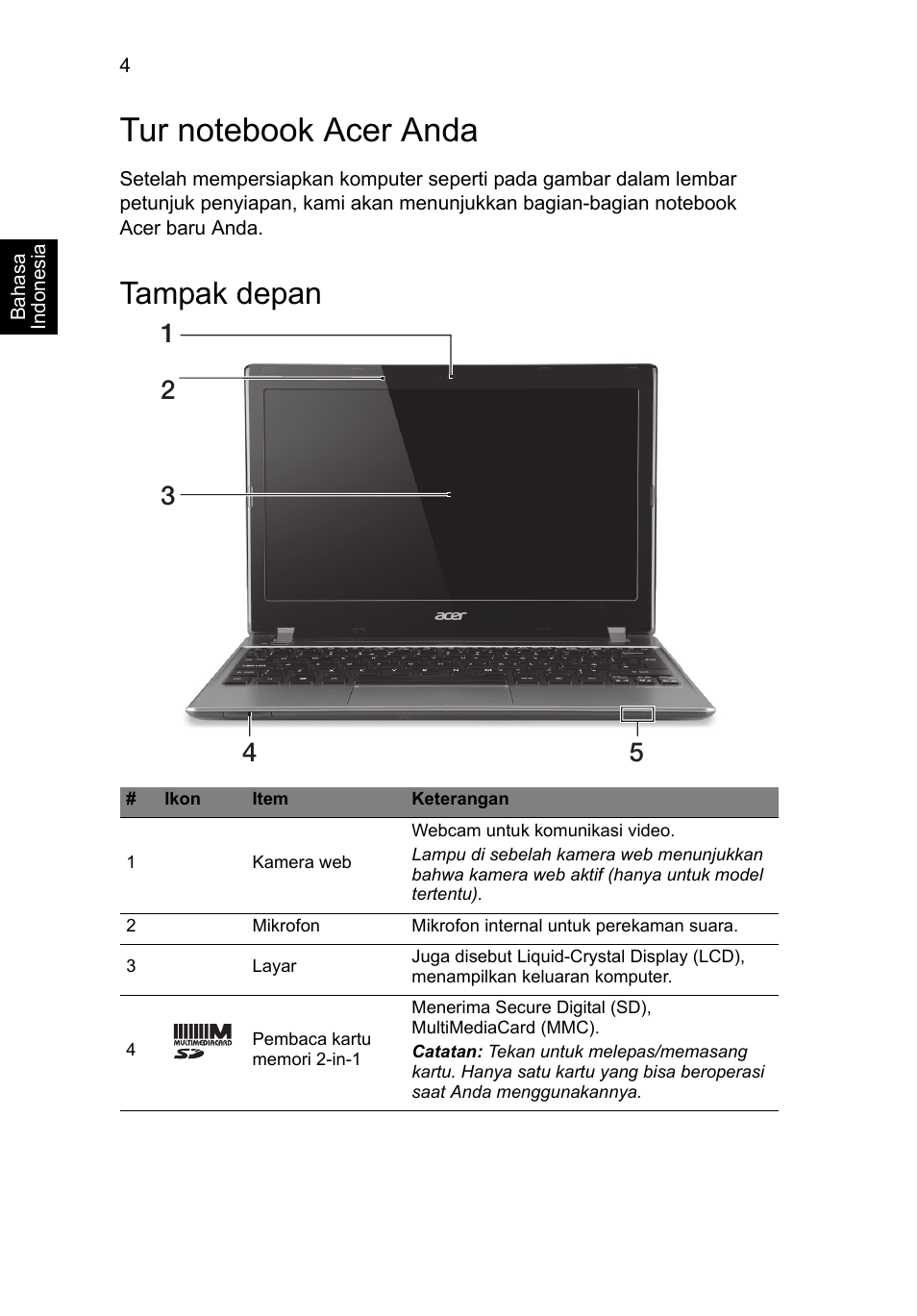 Tur notebook acer anda, Tampak depan | Acer Aspire V5-171 User Manual | Page 290 / 306