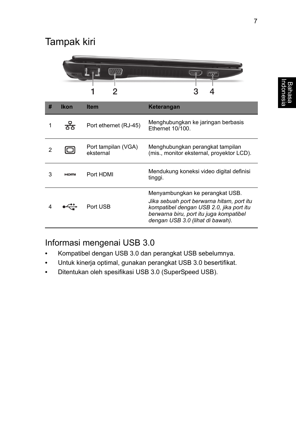 Tampak kiri, Informasi mengenai usb 3.0 | Acer Aspire V5-171 User Manual | Page 293 / 306