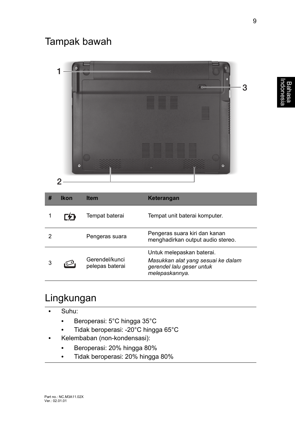 Tampak bawah, Lingkungan, Tampak bawah lingkungan | Acer Aspire V5-171 User Manual | Page 295 / 306