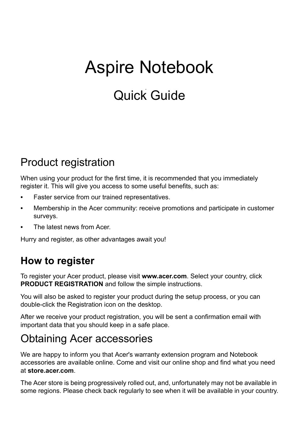 English, Product registration, How to register | Obtaining acer accessories, Quick guide | Acer Aspire V5-171 User Manual | Page 3 / 306