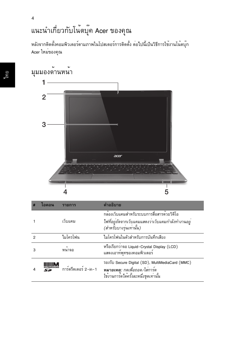 แนะนำเกี่ยวกับโน้ตบุ๊ค acer ของคุณ, มุมมองด้านหน้า, Б¹р¹уа¡хивз¡сºв¹éµºøê¤ acer ¢н§¤ш | Бшббн§´йт¹л¹йт | Acer Aspire V5-171 User Manual | Page 300 / 306